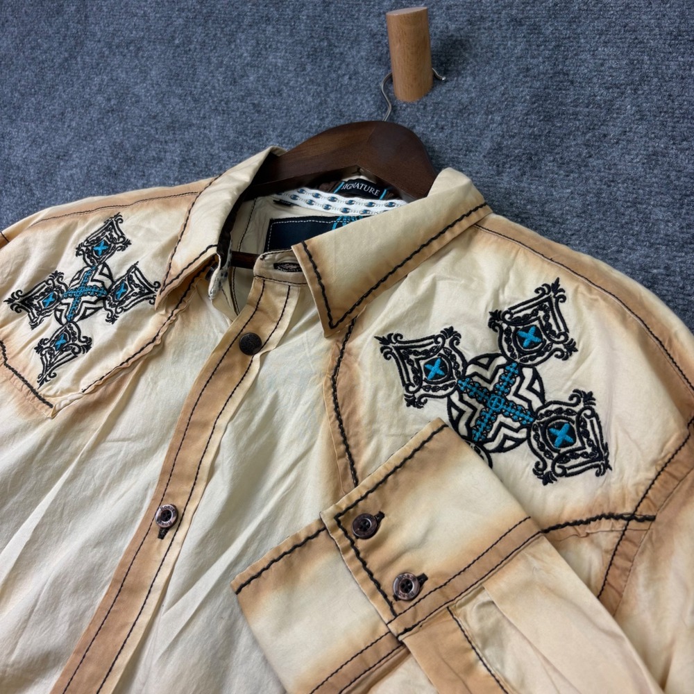 Roar Signature Button Down Mens XL Tan Embroidered Cross Western Shirt